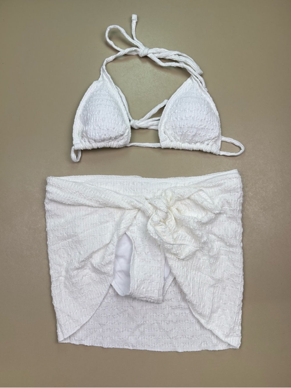 White Textured Bikini Set 3 Piece Sarong Cover Up Triangle Medium